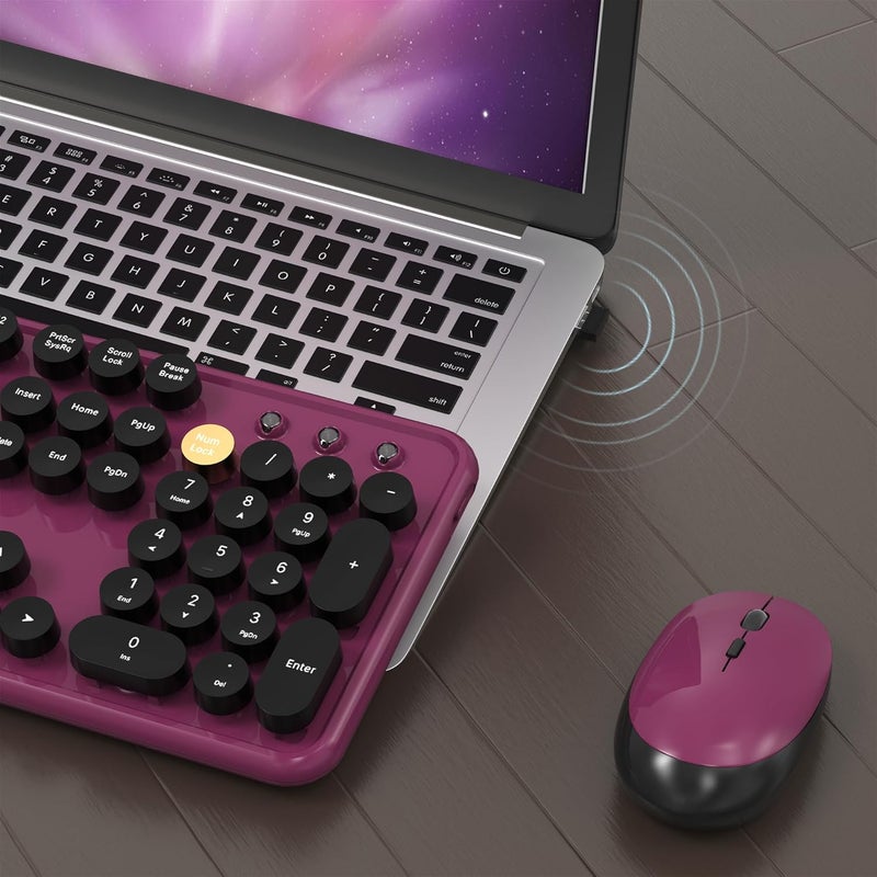 MPTOG Colorful Wireless Computer Keyboard and Mouse Combo with Round Typewriter Keycaps, Retro Design, Power Switch, Ergonomic Design, 2.4GHz Wireless for Windows, Mac, PC（Black-Claret） - Image 4